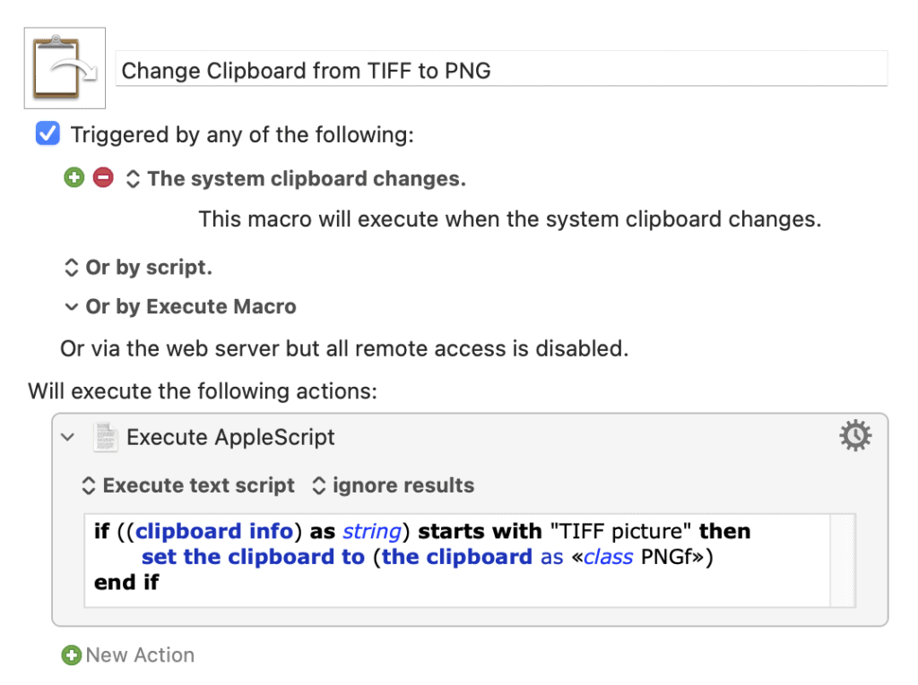 Config window of Keyboard Maestro about Change Clipboard from TIFF to PNG