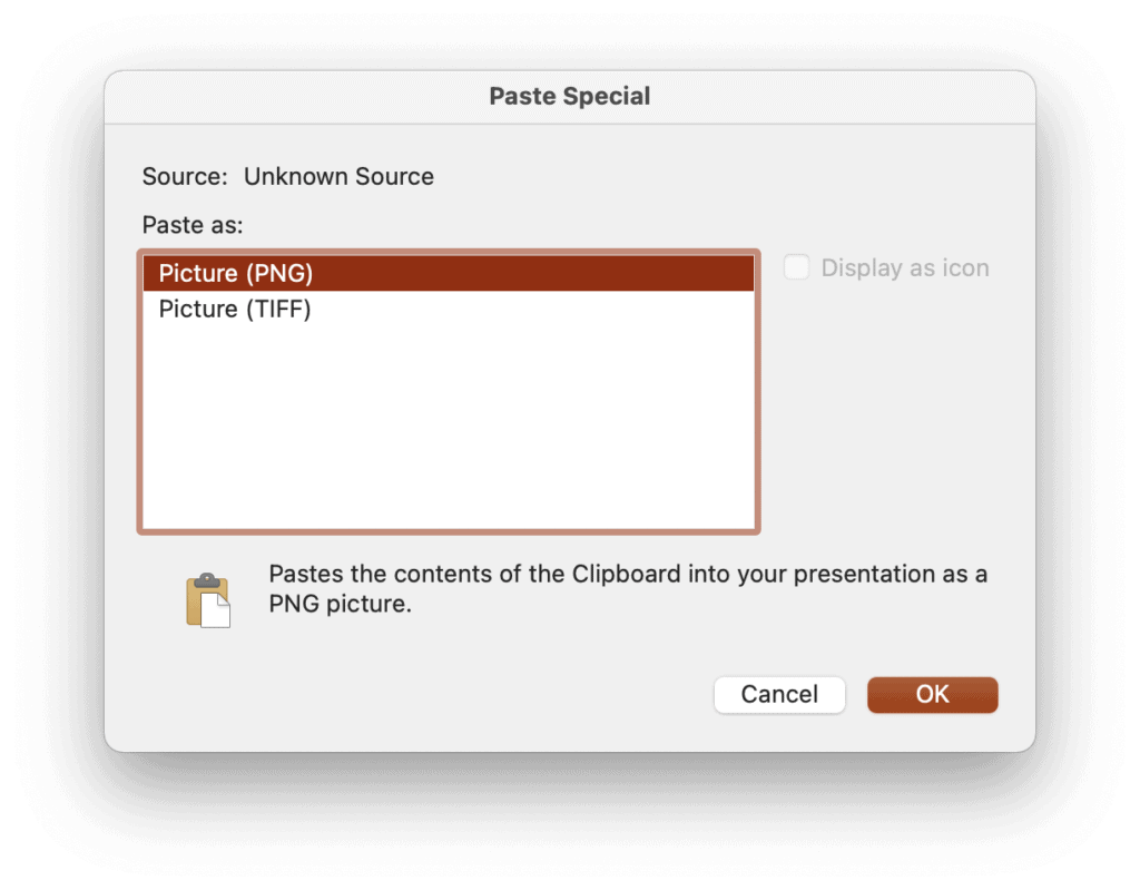 Dialog of Microsoft PowerPoint about Paste Special as PNG
